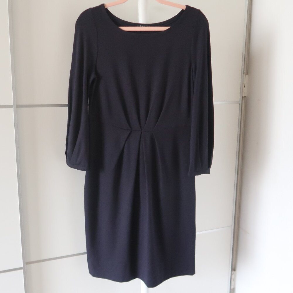 Theory Navy Blue Jersey Scoop Neck Pleated Waist Sheath Dress Minimalist S P